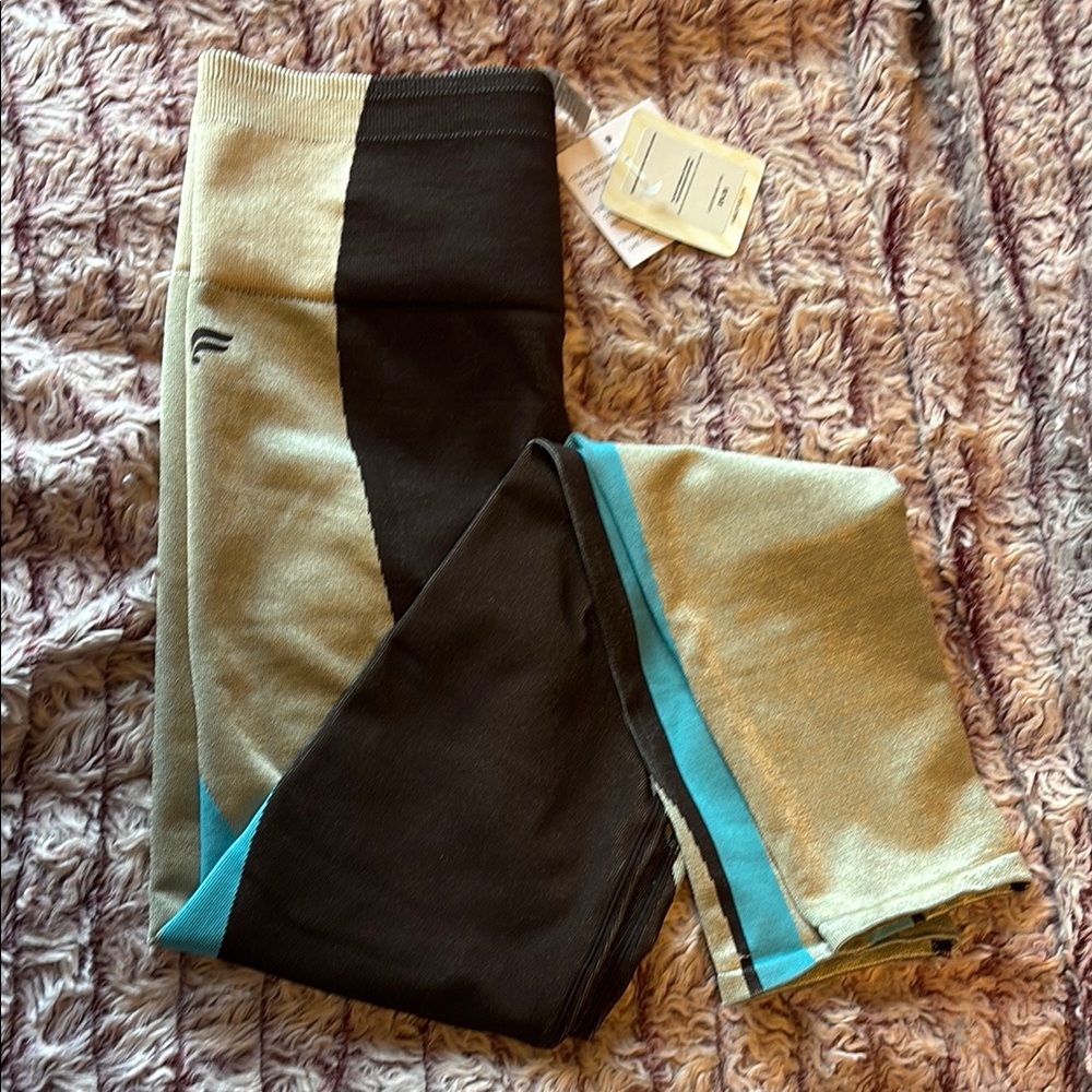 Fabletics Brown and Blue Color-Block Leggings with Wide Waistband